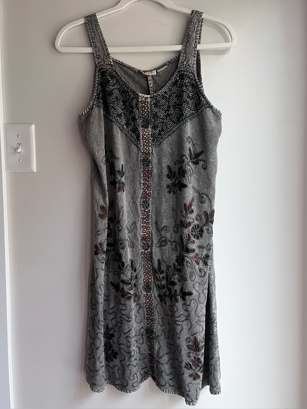 Riva washed black embroidered boho dress Large
